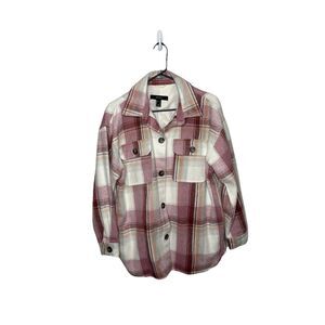 Forever 21 Plaid Pink Cream Oversized Shacket With Brown Buttons Sz Small Womens